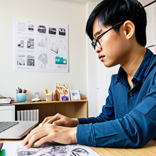 Home 15 A Vietnamese graphic designer working on a laptop, surrounded by sketches and design resources, showcasing skills in marketing, content writing, and web development. The setting is a modern, bright co-working space in Hanoi, Vietnam.
