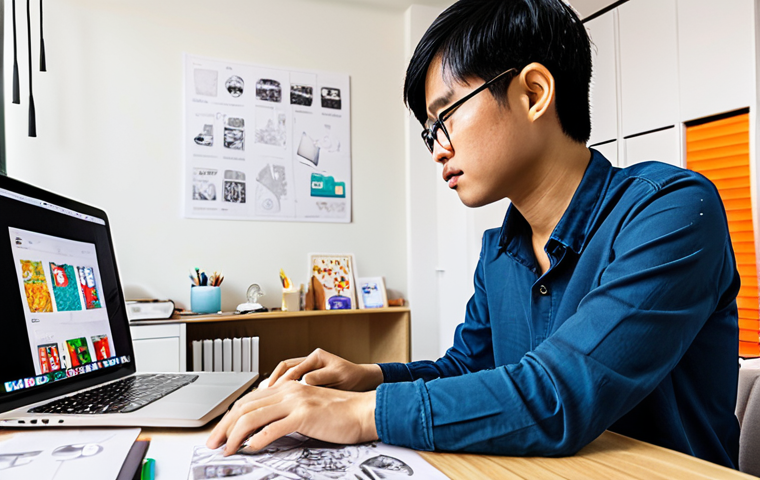 A Vietnamese graphic designer working on a laptop, surrounded by sketches and design resources, showcasing skills in marketing, content writing, and web development. The setting is a modern, bright co-working space in Hanoi, Vietnam.