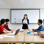 **

A diverse team of Vietnamese office workers participating in a collaborative knowledge-sharing session. Depict a bright, modern office environment with colleagues engaged in a presentation and discussion, laptops open, and whiteboards with notes. Focus on the feeling of teamwork and continuous learning.

**