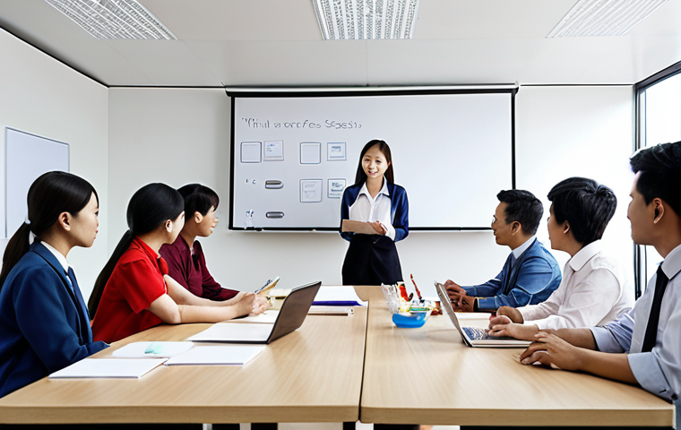 **

A diverse team of Vietnamese office workers participating in a collaborative knowledge-sharing session. Depict a bright, modern office environment with colleagues engaged in a presentation and discussion, laptops open, and whiteboards with notes. Focus on the feeling of teamwork and continuous learning.

**