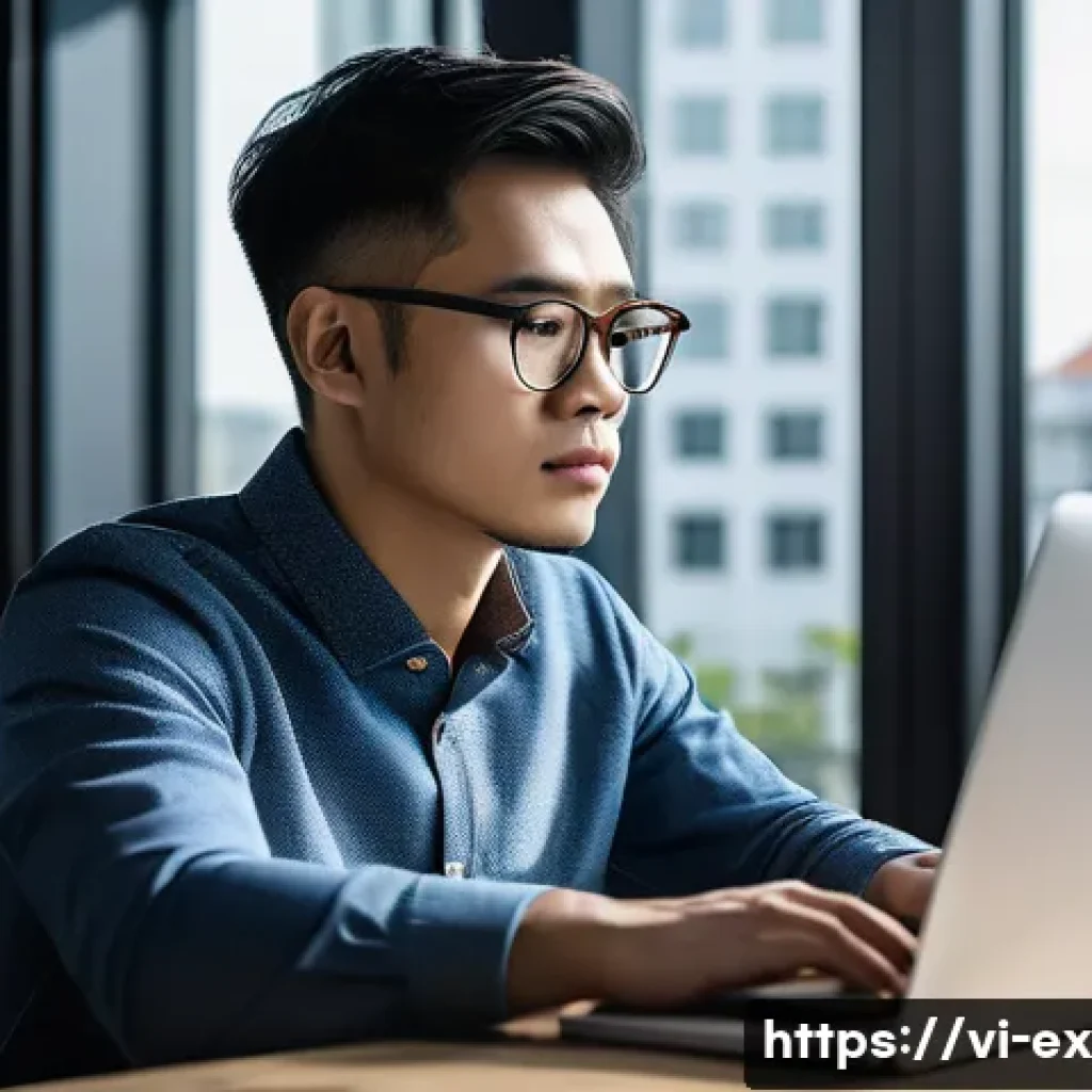T자형 전문성 개발을 위한 혁신적 접근 - A focused Vietnamese IT professional in a modern coworking space, deeply engaged in coding on a lapt...