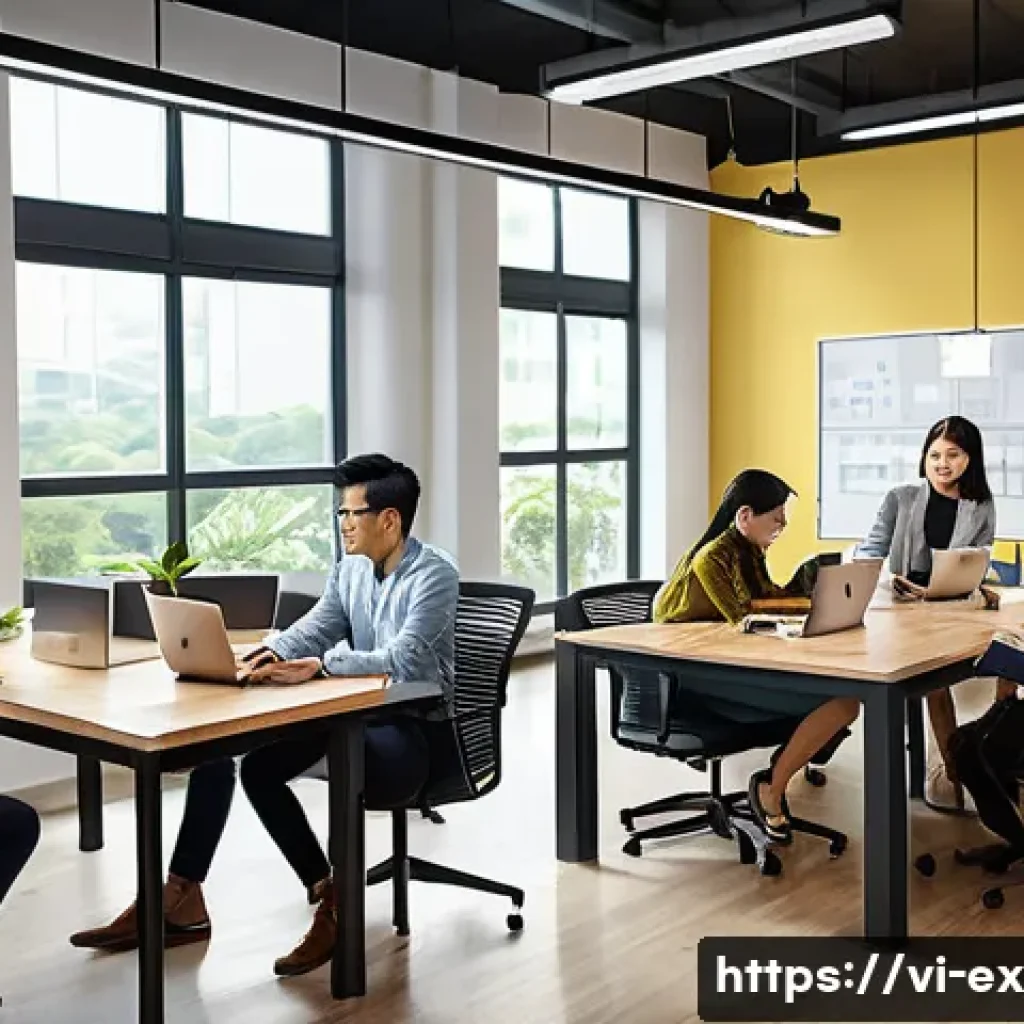 T자형 전문성 개발의 성공적인 사례 - A modern Vietnamese office environment showing a diverse group of young professionals collaborating ...