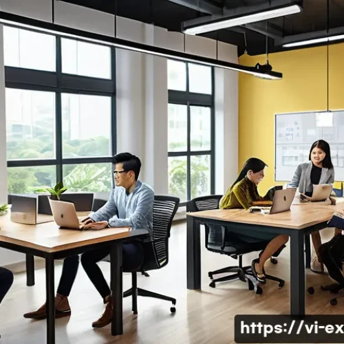 Home 33 T자형 전문성 개발의 성공적인 사례 - A modern Vietnamese office environment showing a diverse group of young professionals collaborating ...