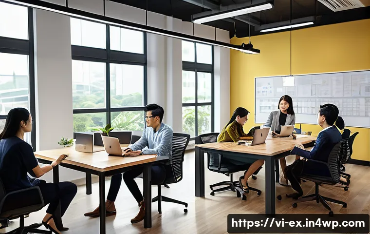 T자형 전문성 개발의 성공적인 사례 - A modern Vietnamese office environment showing a diverse group of young professionals collaborating ...