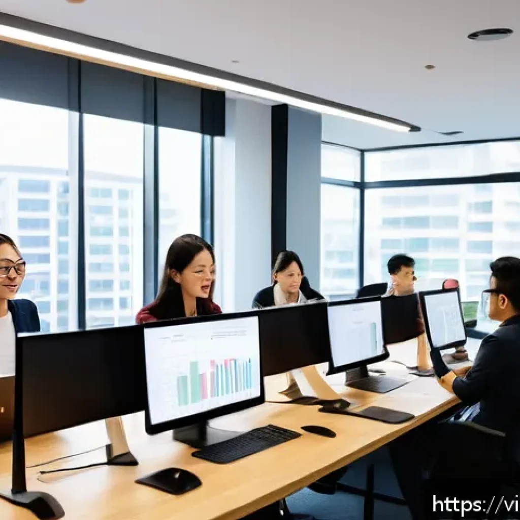 T자형 전문성 개발을 위한 협업 툴 활용하기 - A modern, bright office scene showing a diverse team of Vietnamese professionals collaborating via d...