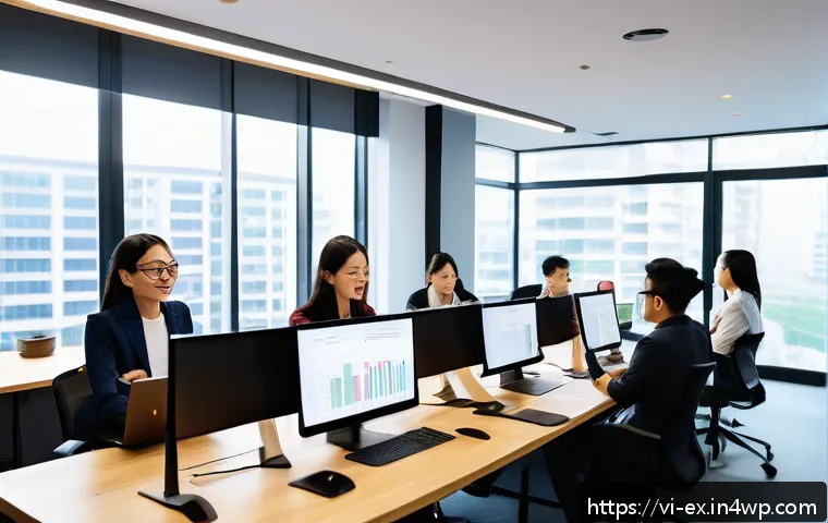 T자형 전문성 개발을 위한 협업 툴 활용하기 - A modern, bright office scene showing a diverse team of Vietnamese professionals collaborating via d...