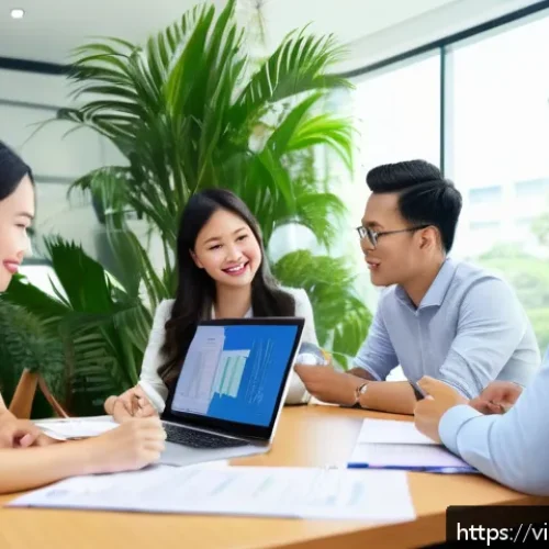 Home 17 T자형 전문성의 직무 성격 분석 - A modern Vietnamese office scene showing a diverse group of professionals collaborating around a con...