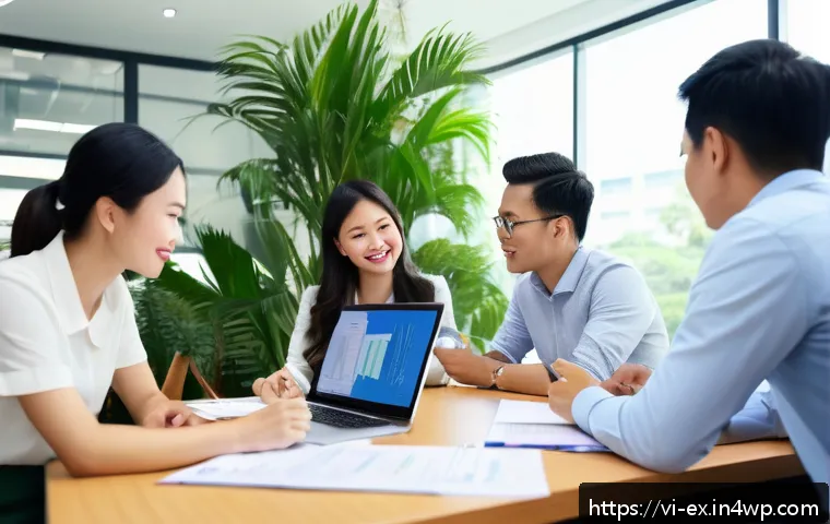 T자형 전문성의 직무 성격 분석 - A modern Vietnamese office scene showing a diverse group of professionals collaborating around a con...